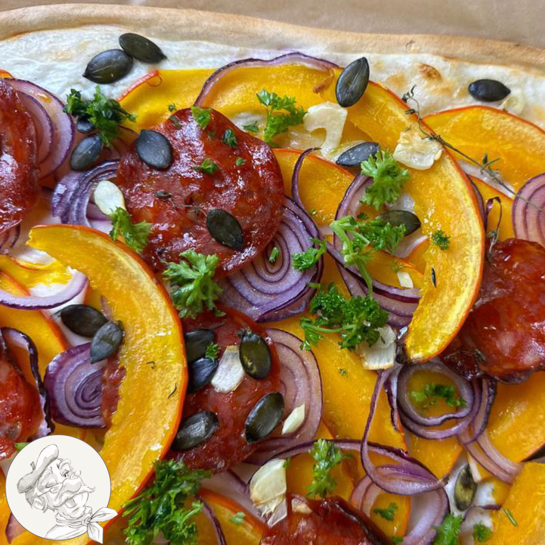 Rezept Flammkuchen mit Hokkaido kuerbis und Chorizo